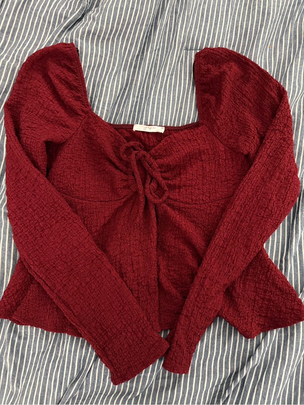 Wine Red Textured Long-Sleeve Tie-Front Top